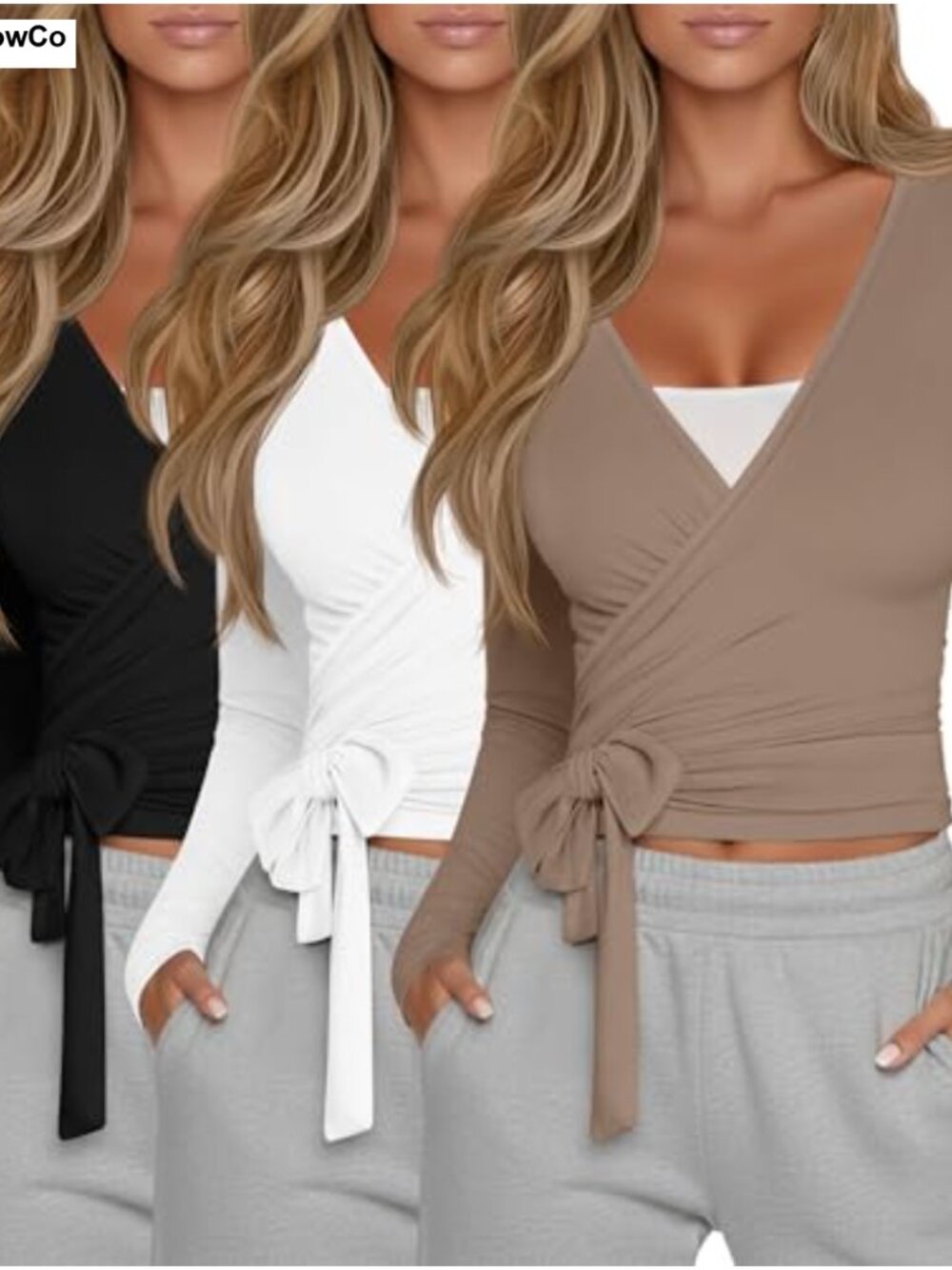 3 Pack Womens Cotton Blend Wrap Tops Tie Ballet Yoga Pilates Long Sleeve
